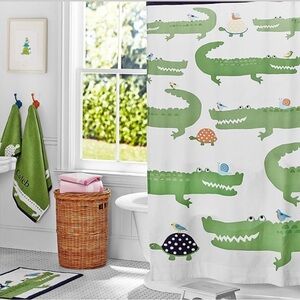 Pottery Barn Kids Green Crocodile Print Shower Curtain liner & hooks whimsy